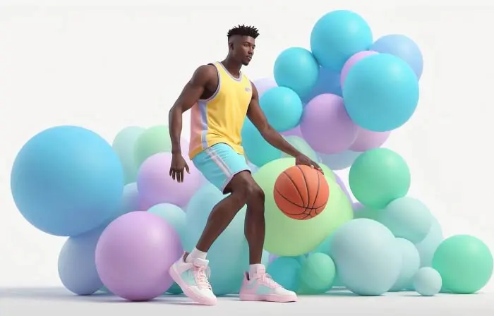 Basketball Player in Action Pose with Ball 3D Character Illustration image